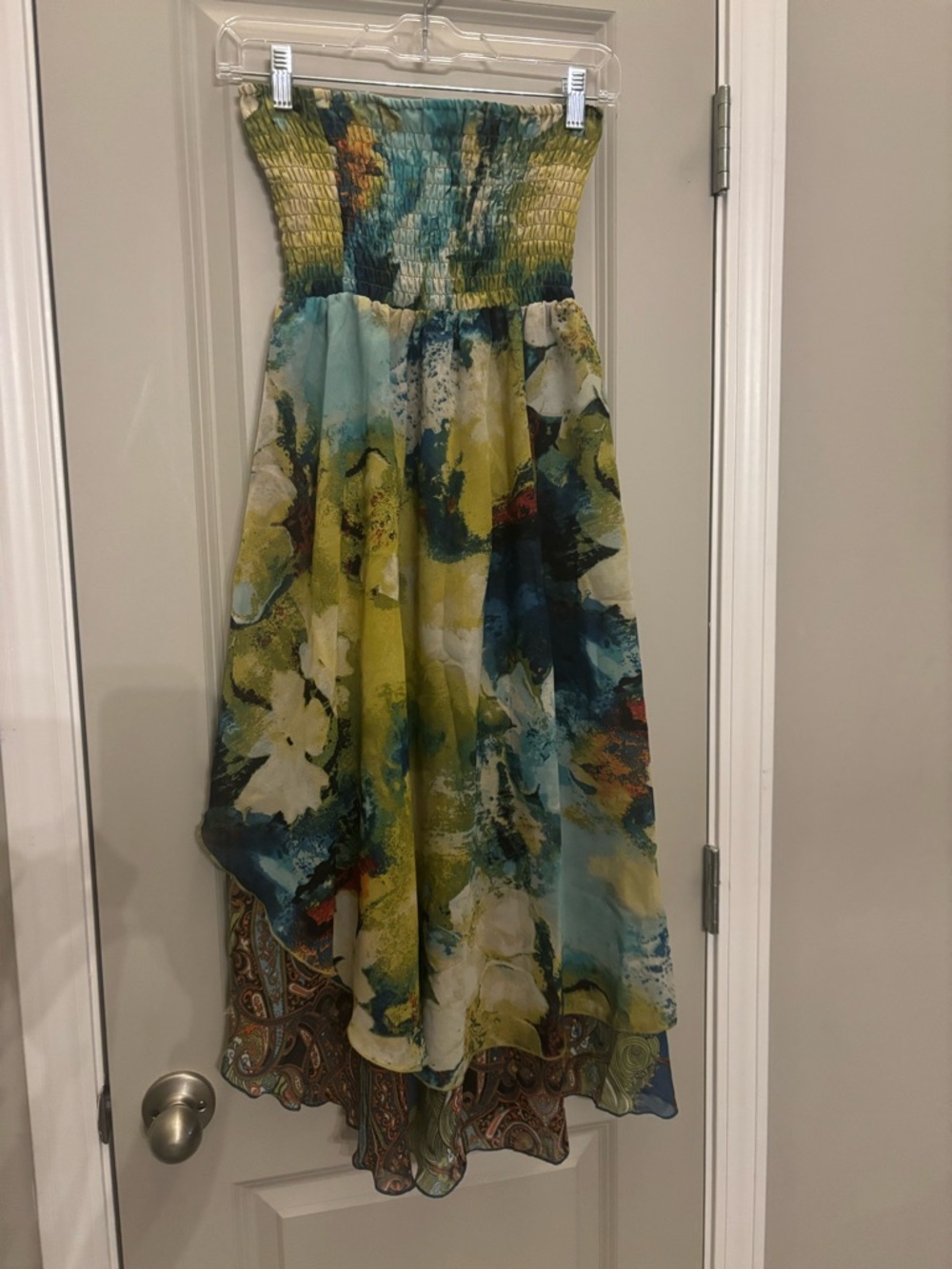 Women’s Strapless Floral High-Low Layered Dress in Multicolor RUNS SMALL - Picture 3 of 10